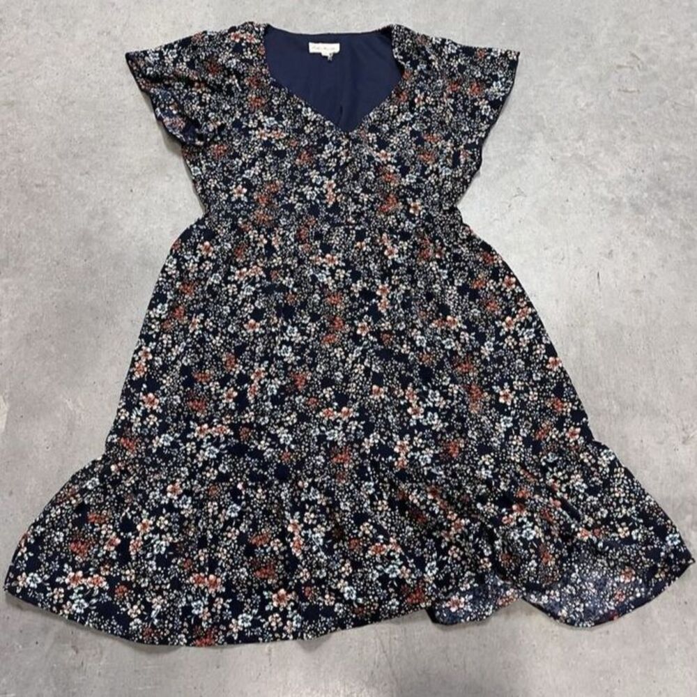 Southern Fried Chics Floral Mini Dress Small S Navy Flutter Sleeve Tiered Ruffle
